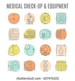 Vector icon set with medical check-up symbols in trendy linear style. Medical diagnostic process elements. Editable strokes