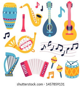 Vector icon set of  misic instruments: guitar, accordion, drum, saxophone, flute, trumpet and musical notes. Scrapbooking collection for music festival. Print with music equipment. Jazz fest.