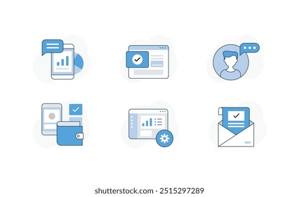 Vector icon set for mobile communication, finance, and data management. Depicts icons of online messaging, financial wallets, web settings, and email confirmations.
