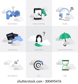 Vector icon set in a modern flat style. Multimedia and entertainment.
