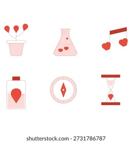 Conjunto de ícones vetoriais de símbolos de amor modernos. Ilustração plana de plantas em crescimento, frasco de química e coração de música.