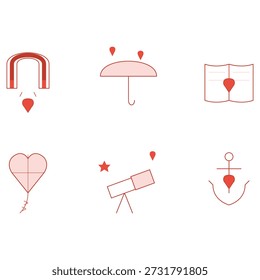 Vector icon set of modern love symbols. Flat illustration of magnet, umbrella, and anchor heart.