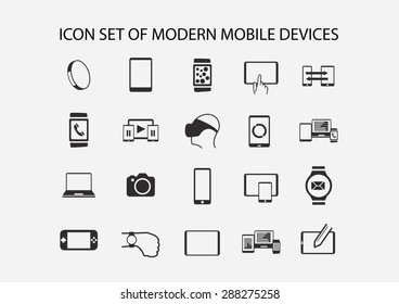 Vector icon set for modern mobile devices such as smart phone, virtual reality, tablets, smart watches and wearables.