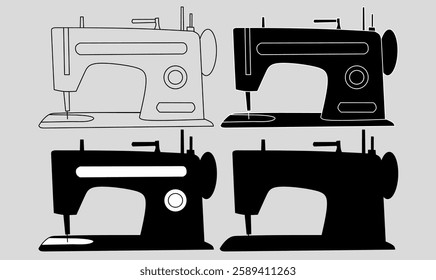 Vector icon set of modern sewing machines in black and white. Ideal for tailoring, fashion design, DIY projects, and retro-themed illustrations.