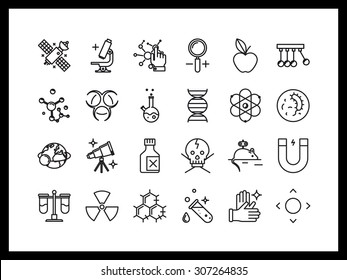 Vector icon set in a modern style. Science and education, laboratory research in chemistry, physics, biology and astronomy, skills.