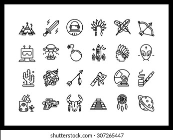 Vector icon set in a modern style. Future and past, adventure in the Wild West.