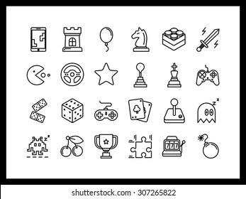 Vector Icon Set In A Modern Style. Independent Video Game Development, Computer Mini Games Action, Shooting, Strategy And Arcade.