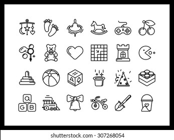 Vector Icon Set In A Modern Style. Children's Toys And Entertainment, Capacity Building And Education From An Early Age.