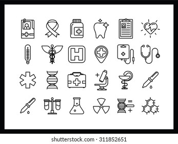 Vector icon set in a modern style. Saving lives, medical research, medications, blood transfusions, detection and treatment of disease at different stages.