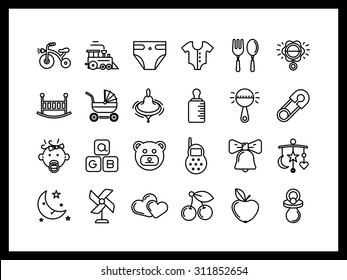 Vector Icon Set In A Modern Style. Child Development And Education Baby Care, Baby Food, Fun And Games.