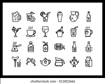 Vector icon set in a modern style. Alcoholic and soft drinks, cocktails, champagne, wine, coffee and tea, vodka and beer, hot and cold.