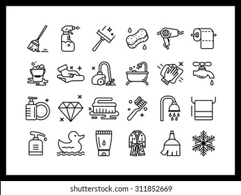 Vector icon set in a modern style. Dry and wet cleaning the house, washing floors, self-care, bathroom.