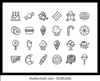 Vector icon set in a modern style. Sweets and pastries, ice cream, candy and chocolates, biscuits and cookies.