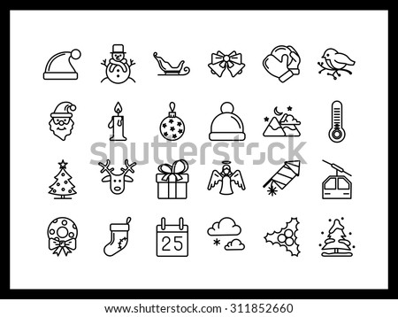 Vector icon set in a modern style. Christmas celebrations, New Year's gifts and ornaments.