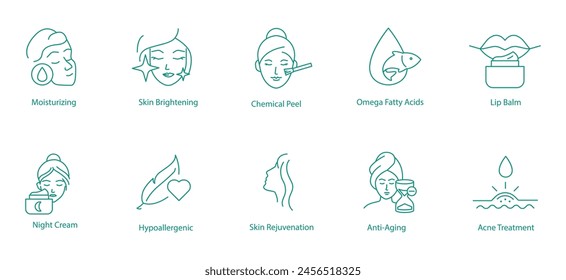 Vector Icon Set: Moisturizing, Skin Brightening, Chemical Peeling, Omega Fatty Acid, Lip Balm, Night Cream, Hypoallergenic, Skin Rejuvenation, Anti-Aging, Acne Treatment