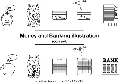 Vector icon set of money, banking, and finance in simple line style, including piggy bank, lucky cat, ATM cards, and bank buildings