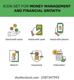 Vector icon set for money management and financial growth. Features secure payment, savings, auction, analytics, FAQ, and invoice.