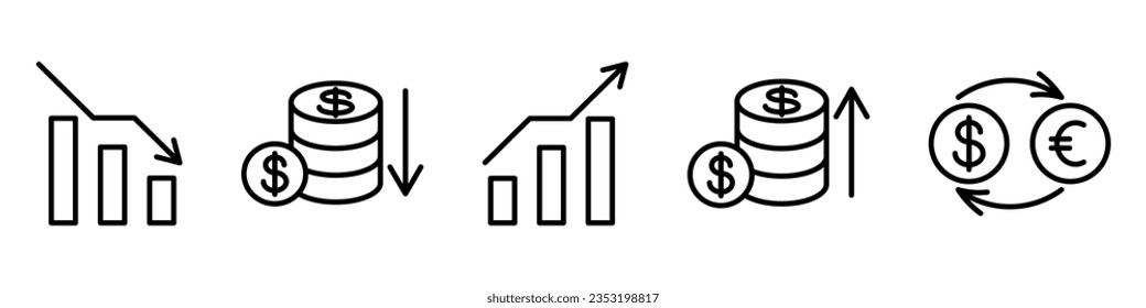 Icono vectorial del pronóstico del movimiento de dinero. Trazo editable. Colección de iconos de línea de negocio relacionados con la financiación de arriba y abajo. Concepto de finanzas y dinero. Aumento y disminución de la moneda. Análisis de precios.
