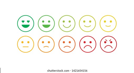 Vector icon set for mood tracker. Ten scale of silhouette emotion smiles from angry to happy isolated on white background. Emoticon element of UI design for client service rating, feedback survey