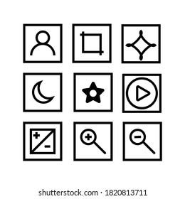 Conjunto de iconos del vector. Luna, estrella, zoom hacia fuera, perfil, recorte y símbolos de botón de inicio. Con fondo blanco.