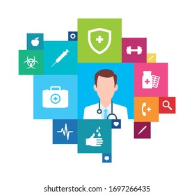 Vector icon set mosaic. Doctor with square icons. Isolated on white background