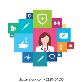 Mosaico de conjunto de iconos del vector. Doctor con iconos cuadrados. Aislado sobre fondo blanco