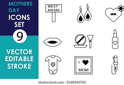 A vector icon set for Mother's Day featuring a "Best Mom" sign, earrings, heart, lips, makeup, onesie, perfume, photo frame, and a hair straightener