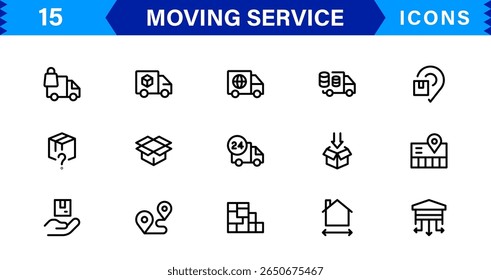 Vector Icon Set for Moving Services with Transportation, Packaging, and Storage Symbols Designed in Clean Line Style
