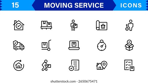 Vector Icon Set for Moving Services with Transportation, Packaging, and Storage Symbols Designed in Clean Line Style