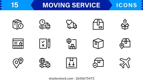 Vector Icon Set for Moving Services with Transportation, Packaging, and Storage Symbols Designed in Clean Line Style