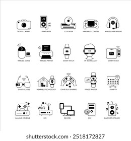 Vector icon set for multimedia, wearable tech, and wireless devices. Includes icons representing smart devices like wireless headphones, VR technology, fitness trackers.