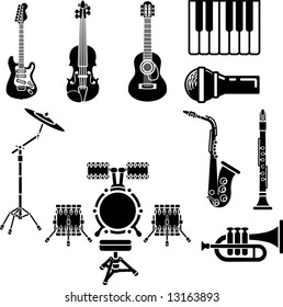 A vector icon set of musical instrument simple outline silhouettes