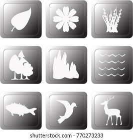 Vector icon set of nature elements, plants, water, animals of white color on a gray background