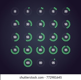 Vector Icon Set In Neon Style Of Loading, Buffering, Progress Wheel In Rounded Slices