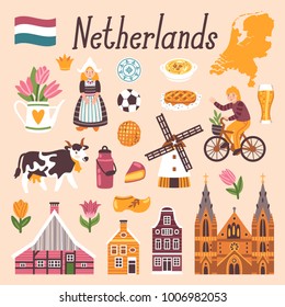 Vector icon set of Netherlands's symbols. Travel illustration with dutch landmarks, people,traditional holland food, building.