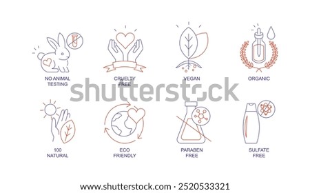  Vector icon set for No Animal Testing, Cruelty-Free, Vegan, Organic, 100% Natural, Eco-Friendly, Paraben-Free, Sulfate-Free. Icons for ethical and sustainable cosmetics.