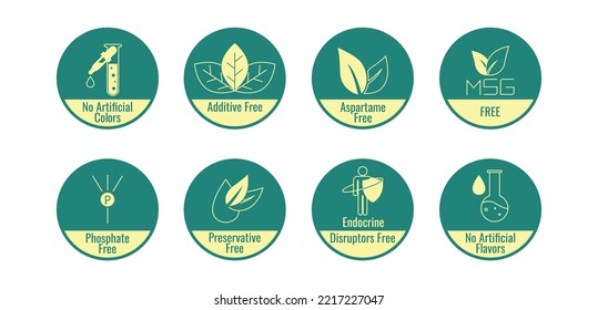 vector icon set no artificial colors, preservative free, additive free, endocrine disruptors, aspartame free, no artificial flavours, msg free 