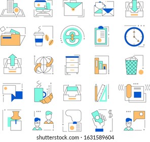 Vector icon set with office corporate culture object with teamwork, office tables, city center location