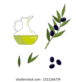 Vector icon set with olive oil and olive's branches 