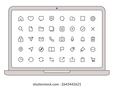 Conjunto de íconos de Vector en la pantalla del ordenador portátil - Iconos de línea UI UX simples