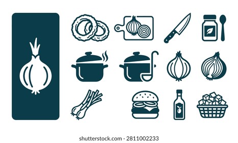 Vector icon set of onions and culinary elements featuring whole onions, rings, scallions, a cutting board, kitchen knife, soup pots, hamburger, olive oil bottle, and a spice jar on white.
