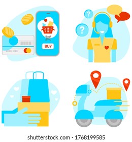 vector icon set online shopping, delivery and customer service in blue yellow red tone color 