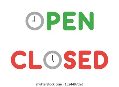 Vector icon set of open and closed texts with clock. Flat color style. 