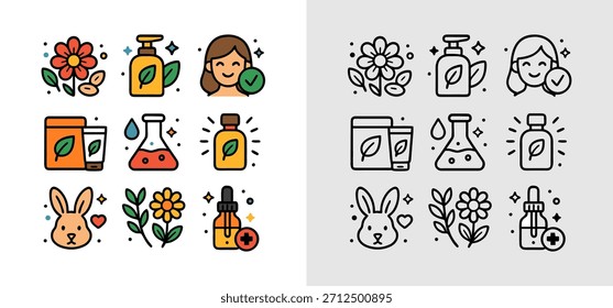 Conjunto de íconos de Vector de productos de belleza orgánicos, naturales y libres de crueldad con ingredientes botánicos. Adecuado para marcas de cosméticos ecofriendly y campañas de cuidado de la piel sostenibles.