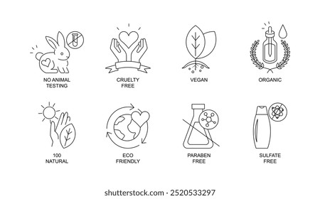 Vector icon set for Organic, Vegan, Eco-Friendly, and Paraben-Free. Icons representing ethical, sustainable, and cruelty-free cosmetic products.