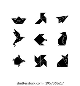 Vector Icon Set of Origami in minimalist black shape style | Set of 9 Vector Icons | Paper Geometric Black Shapes isolated on white background