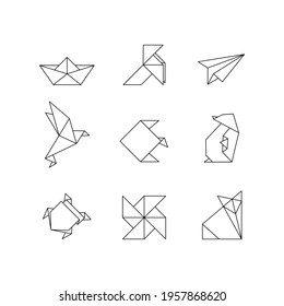 Vector Icon Set of Origami in minimalist black line style | Set of 9 Vector Icons | Paper Geometric Shapes isolated on white background