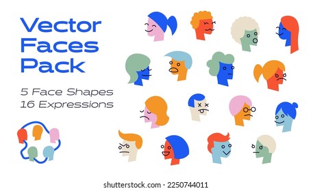 Vector Icon Set Pack of 16 Expressions and 5 Different Face Shapes. Smiling, Frowning, Surprised, Happy, Colourful People Emoting.