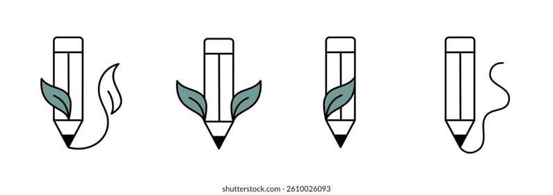 Vector icon set with pencil illustrations with eco-friendly design elements like leaves.