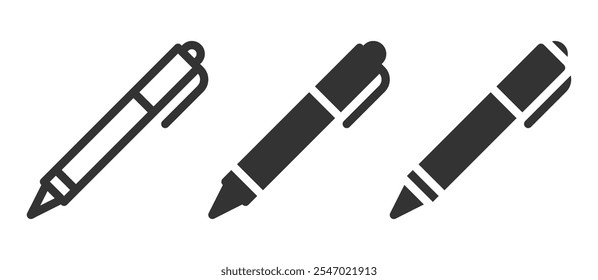 Vector icon set of pens in three minimalist styles.